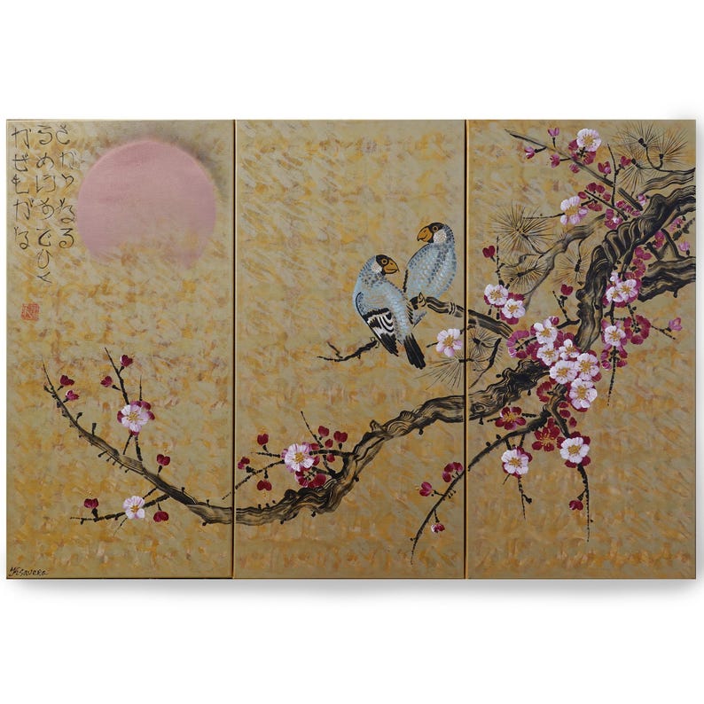 A triptych painting depicting two birds perched on a branch with pink and white flowers.