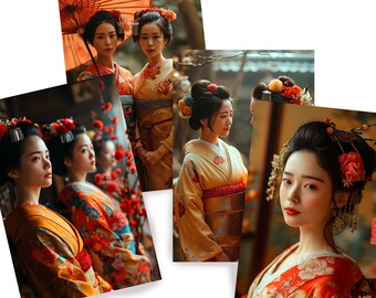 Japanese geisha DS0593 by Ksavera - Digital print set of 4 - synthography fine art prints - Printed on glossy premium fine art photo paper