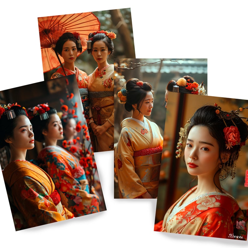 Puede incluir: Una colecci&oacute;n de im&aacute;genes que muestran a mujeres con trajes tradicionales japoneses. Las mujeres visten kimonos coloridos con estampados florales y peinados elaborados adornados con flores y accesorios para el cabello. Algunas im&aacute;genes incluyen un parasol rojo.