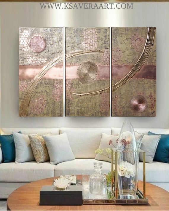 Gold & Copper Abstract Triptych Painting A1445 Large Textured Acrylic Art by Ksavera