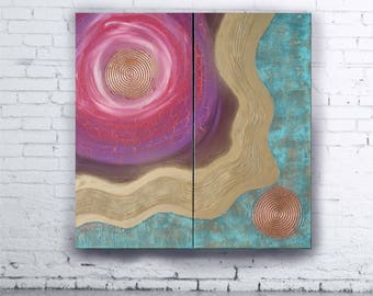 copper patina gold purple Abstract Painting diptych textured wall art A150 Contemporary Art by Ksavera canvas mid century modern