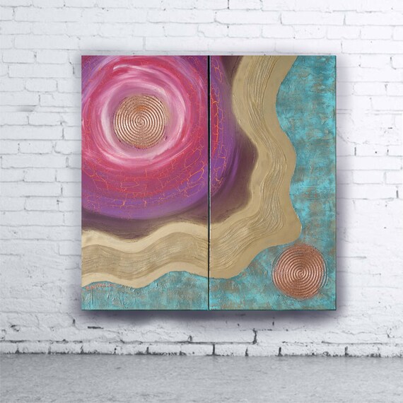 copper patina gold purple Abstract Painting diptych textured wall art A150 Contemporary Art by Ksavera canvas mid century modern