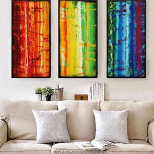 Triptyque coloré, peintures abstraites A618 Arc-en-ciel, images modernes originales de Ksavera