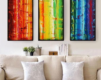 black tryptych Rainbow Abstract Paintings A618 colorful art for Lounge, Office, Sleeping room or above sofa by Ksavera