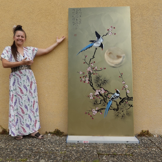 Japanese birds J393 by artist Ksavera - gold extra large original acrylic painting on unstretched canvas 100x210cm