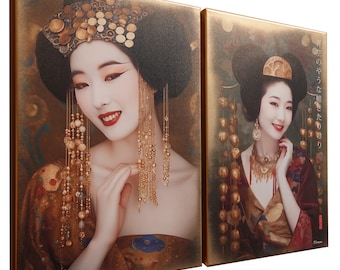 Japanese gold geisha DS0652 by artist Ksavera - set of 2 giclee prints on stretched canvas, black or gold edges. READY to HANG - diptych