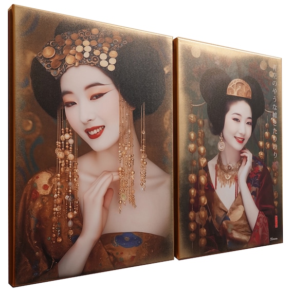 Japanese gold geisha DS0652 by artist Ksavera - set of 2 giclee prints on stretched canvas, black or gold edges. READY to HANG - diptych