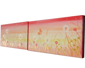 Dandelion Meadow: Original Acrylic Floral Landscape Painting on Canvas – Long Red Floral Art, Abstract Flowers, Contemporary Sunset Wall Art