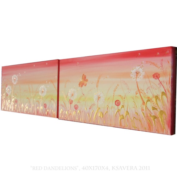 Dandelion Meadow: Original Acrylic Floral Landscape Painting on Canvas – Long Red Floral Art, Abstract Flowers, Contemporary Sunset Wall Art