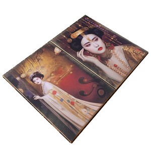 May include: Two framed paintings of women in traditional Chinese clothing. The woman in the left painting is wearing a yellow and gold robe with red flowers. The woman in the right painting is wearing a red and gold robe with a pearl necklace. Both paintings have a gold background.