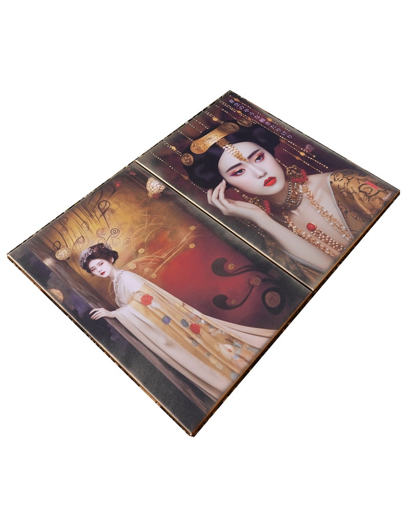 May include: Two framed paintings of women in traditional Chinese clothing. The woman in the left painting is wearing a yellow and gold robe with red flowers. The woman in the right painting is wearing a red and gold robe with a pearl necklace. Both paintings have a gold background.