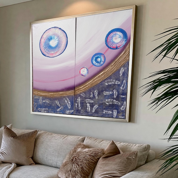 Violet Diptych Painting A1003 Textured Acrylic Canvases with Glow by Ksavera