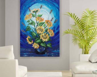 Sunflowers blue painting large canvas art 44"x64" Modern Acrylic Original extra large wall art on unstretched canvas XXL