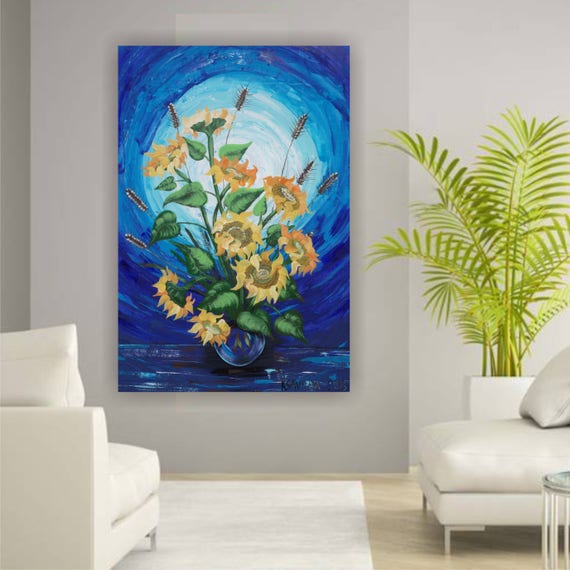 Sunflowers blue painting large canvas art 44"x64" Modern Acrylic Original extra large wall art on unstretched canvas XXL