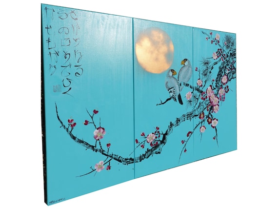 Japanese sakura J290 - turquoise triptych, original painting, japanese style paintings by artist Ksavera