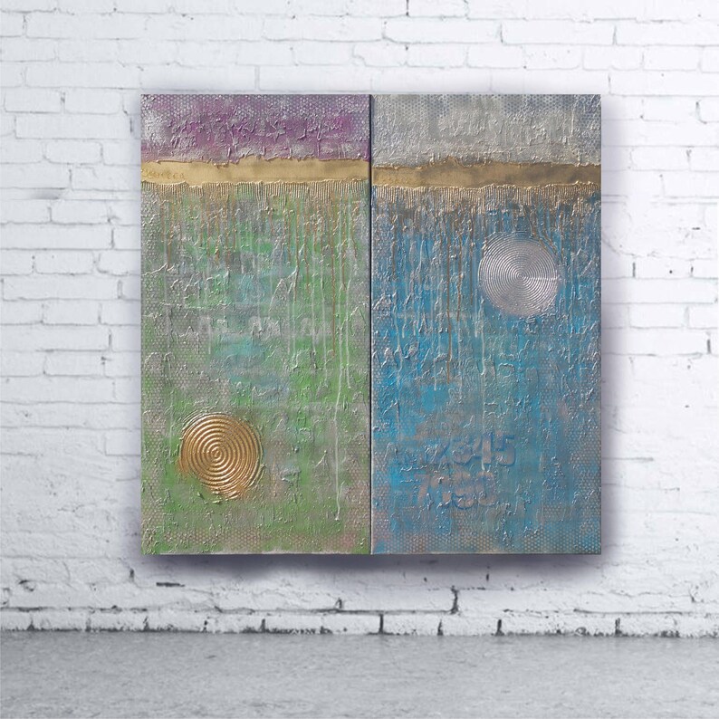 The image is a modern art piece featuring two abstract paintings hanging on a white brick wall.