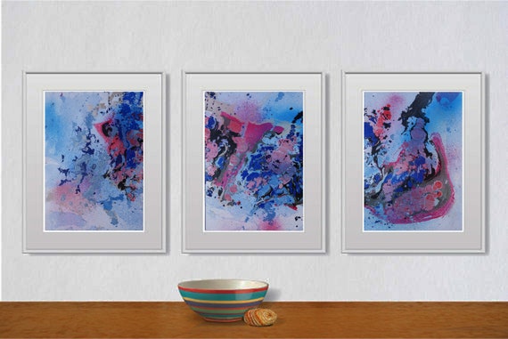 Set of 3 Fluid abstract original paintings on paper A4 - 18J015