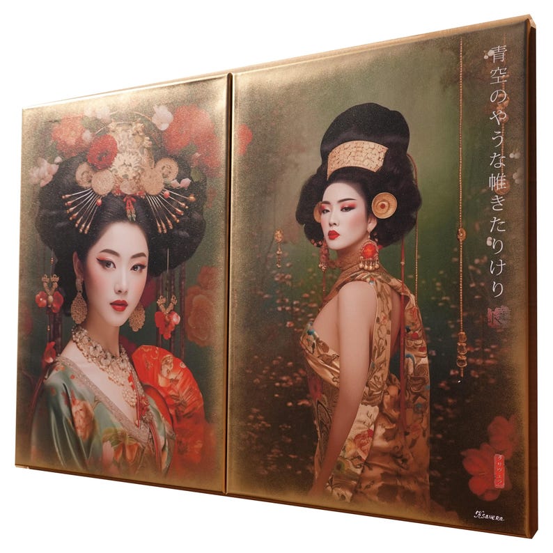 The image is a collage of two photographs featuring two women dressed in traditional Asian garb, with elaborate hairstyles and ornate jewelry.