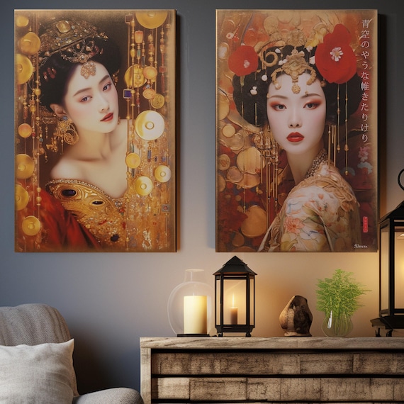 Japanese gold geisha DS0655 by artist Ksavera - set of 2 giclee prints on stretched canvas, black or gold edges. READY to HANG - diptych