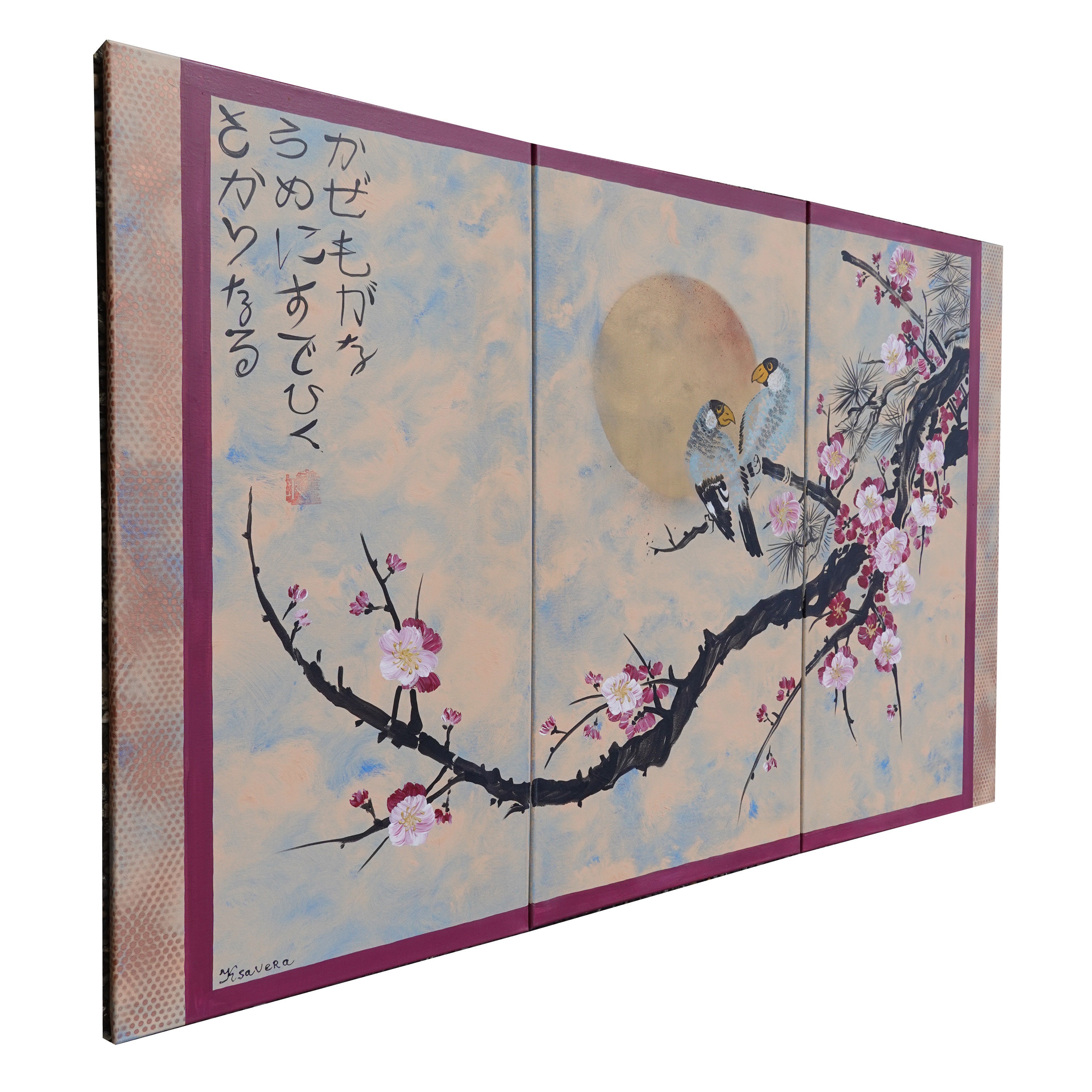 Japanese painting sakura branch sun and birds Japan Hieroglyph original  artwork in japanese style J181 wall art by artist Ksavera