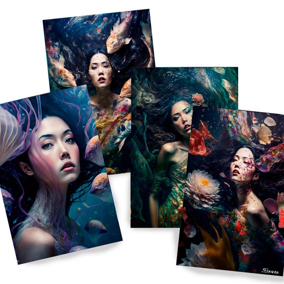 Japanese geisha DS0129 by Ksavera - Digital print set of 4 - synthography fine art prints - Printed on glossy premium fine art photo paper
