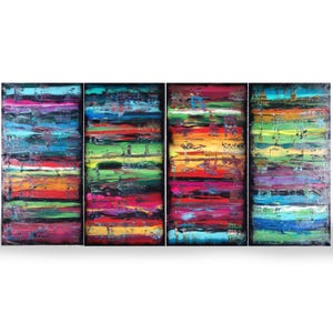 The image is a vibrant, abstract painting featuring a series of panels with bold, colorful brushstrokes and a variety of hues.