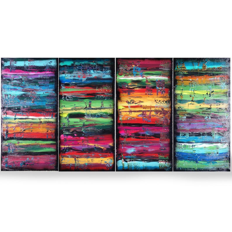 The image is a vibrant, abstract painting featuring a series of panels with bold, colorful brushstrokes and a variety of hues.