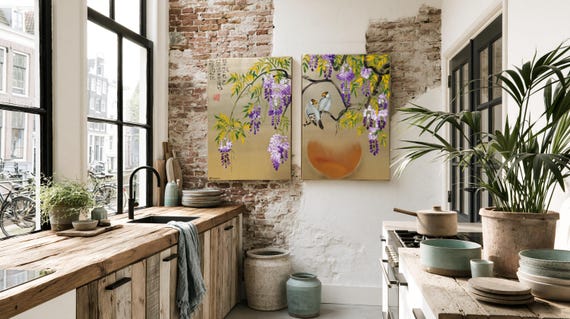 Wisteria and Love Birds Painting J321 Japanese Inspired Art Set by Ksavera