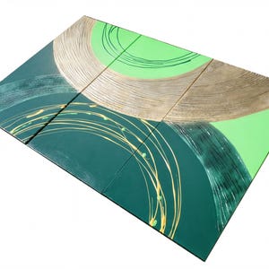 The image is a vibrant abstract artwork composed of various shapes and colors, including shades of green, yellow, and brown. The artwork is composed of multiple panels or sections, each featuring unique patterns and designs. The overall composition is visually striking and dynamic, with a sense of movement and energy.