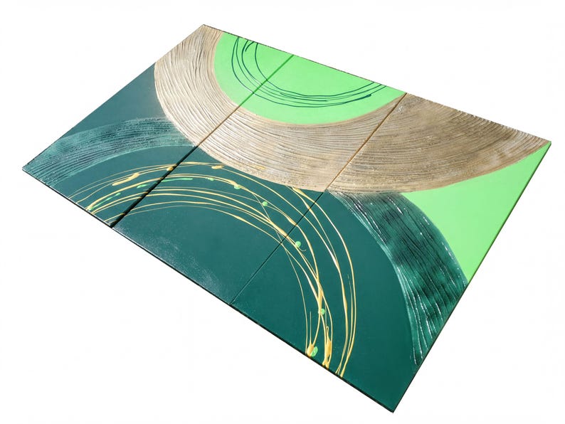 The image is a vibrant abstract artwork composed of various shapes and colors, including shades of green, yellow, and brown. The artwork is composed of multiple panels or sections, each featuring unique patterns and designs. The overall composition is visually striking and dynamic, with a sense of movement and energy.