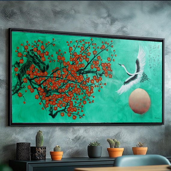 Japanese Crane J510 | Original Acrylic Painting on Large Canvas | japandi Luxury Wall Art by Ksavera