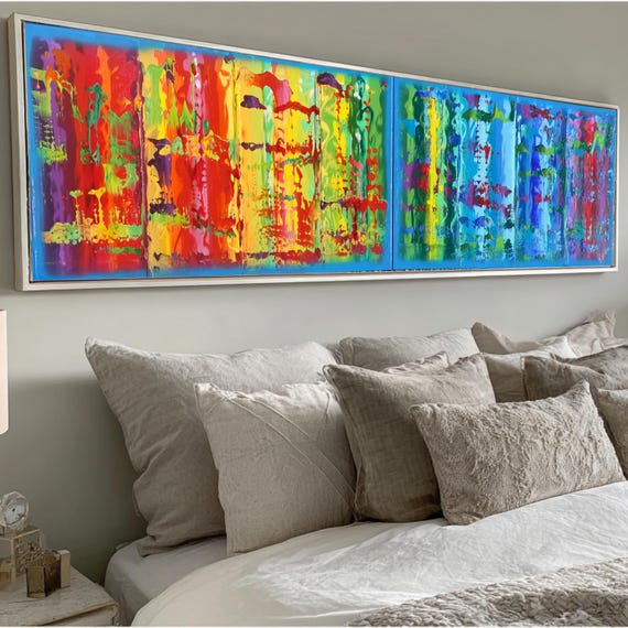 Rainbow Diptych Abstract Painting A796 Long Colorful Acrylic Canvas by Ksavera