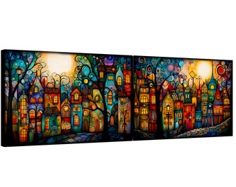 Belle Epoque DS0724 by artist Ksavera - set of 2 giclee prints on stretched canvas, black or gold, READY to HANG - diptych - Enchanted town