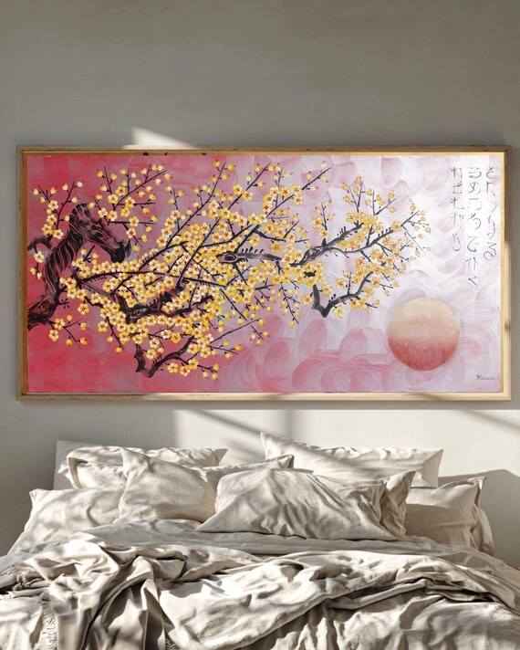 Yellow Sakura J545 | Large Horizontal Silver Pink Japanese Painting | Ksavera