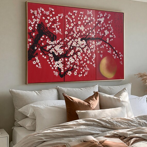 Japan art - white cherry blossoms - Japanese style painting J396 - Large original acrylic paintings - red wall art by artist Ksavera