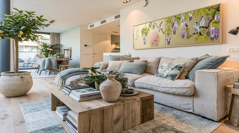 a cozy and well-decorated living room with a large window, a comfortable sofa, a wooden coffee table, and various decorative elements such as potted plants, vases, and books.