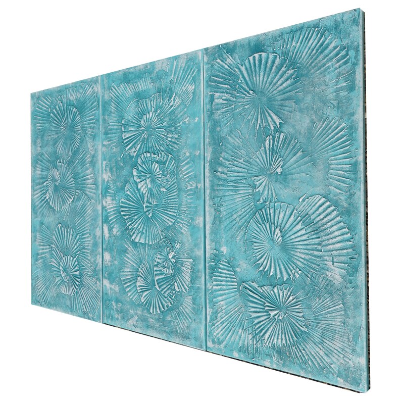 The image is a three-panel artwork with a blue and white color scheme. The panels feature intricate designs of seashells or other marine life, creating a visually striking and textured composition.