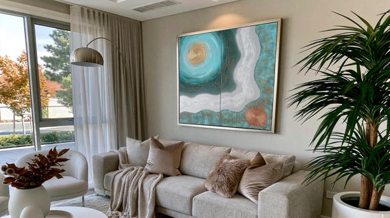 Textured Abstract Diptych Painting A152 Copper Patina Teal Silver Canvas Set Ksavera