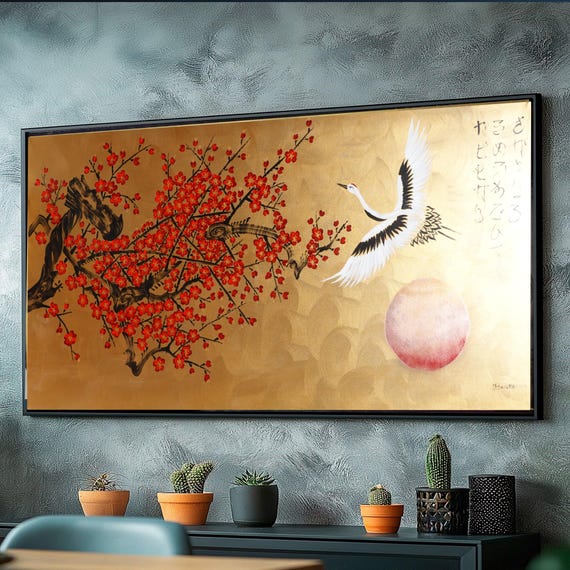 Japanese Crane J521 | Original Acrylic Painting on Large Canvas | Contemporary Wall Art by Ksavera