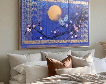 Japan art love birds Japanese style painting J388 Large paintings art stretched canvas acrylic paintings blue wall art by artist Ksavera