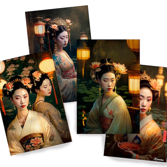 Japanese geisha DS0102 by Ksavera - Digital print set of 4 - synthography fine art prints - Printed on glossy premium fine art photo paper