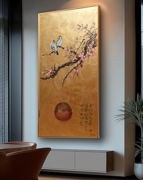 Love Birds and Red Sakura J551 | Large Vertical Gold Japanese Painting | Ksavera