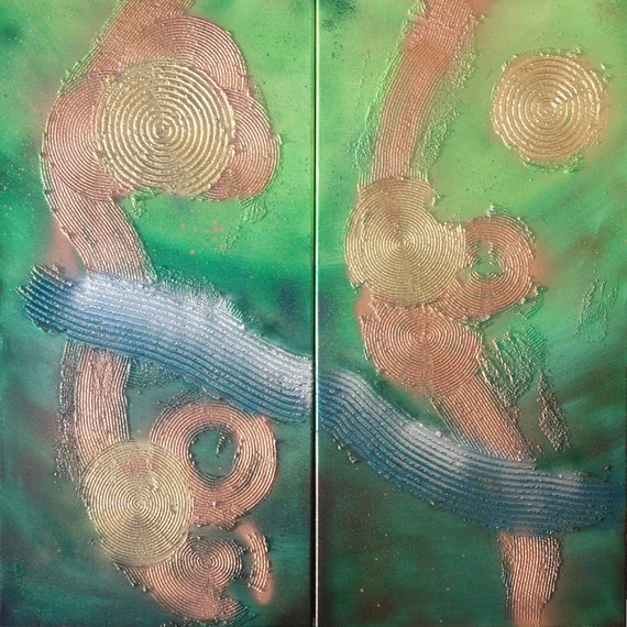 green abstract art long textured paintings acrylic on stretched canvas diptych modern wall art A085 by artist Ksavera