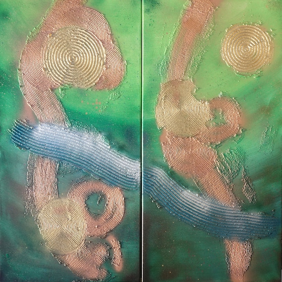 green abstract art long textured paintings acrylic on stretched canvas diptych modern wall art A085 by artist Ksavera