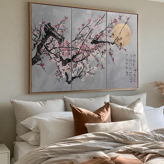 Japanese sakura J216 - large silver triptych, original art, japanese style paintings, cherry blossoms