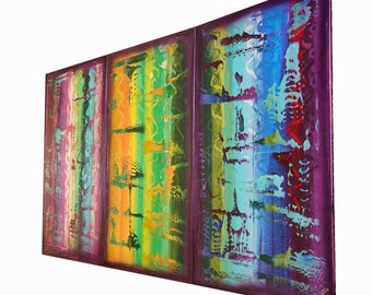 Violet rainbow triptych - large abstract paintings A841 - contemporary wall art - modern acrylic paintings by artist Ksavera