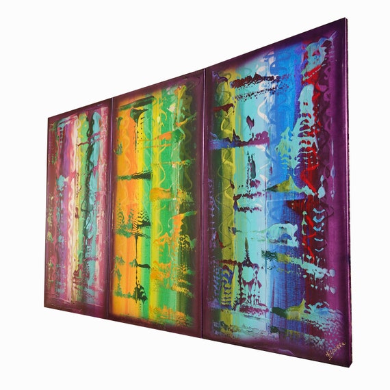 Violet rainbow triptych - large abstract paintings A841 - contemporary wall art - modern acrylic paintings by artist Ksavera