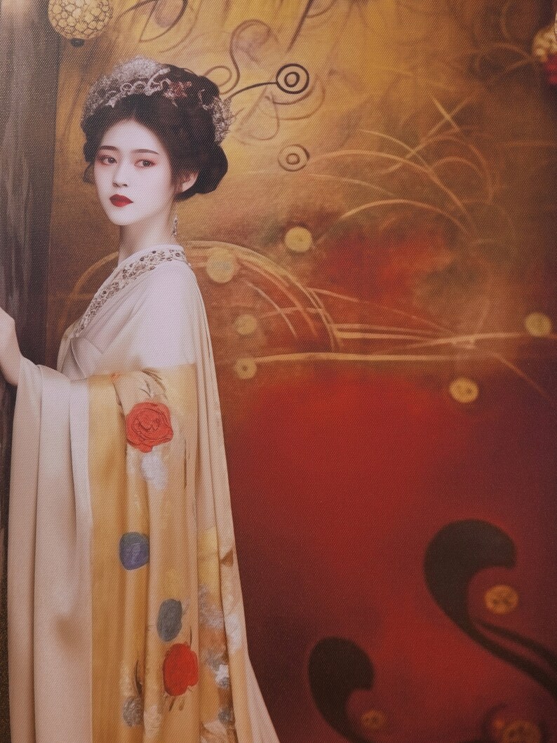 May include: A woman in a white and gold robe with red and blue floral patterns. She is wearing a traditional headdress with a pearl design. The background is a red and gold canvas with abstract designs.