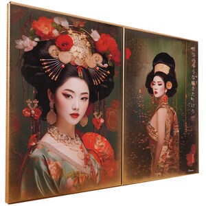 The image is a collage of two photographs featuring a woman with an elaborate hairstyle and traditional Japanese attire, surrounded by floral decorations.