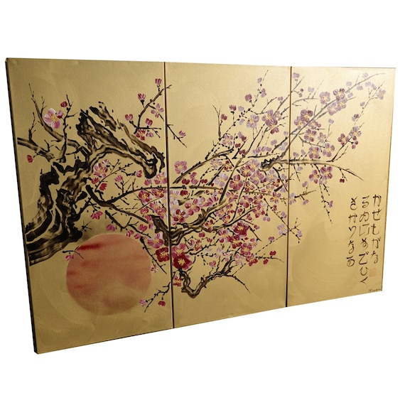 Japan art cherry blossom and sun Japanese style painting J205 Large paintings art canvas acrylic paintings gold wall art by artist Ksavera